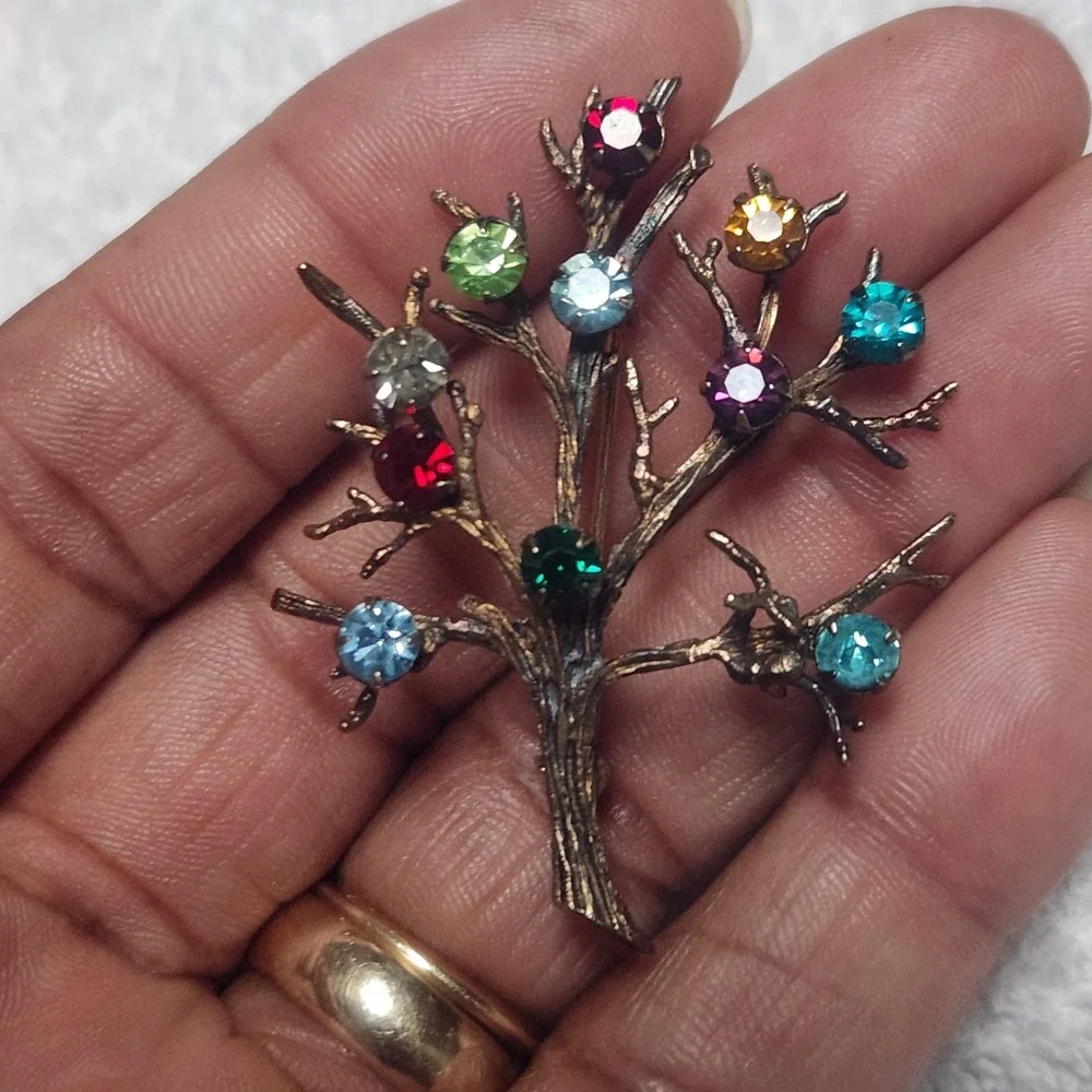 Vintage Sterling Silver Tree of Life Brooch Multi Color Rhinestone Pin‎